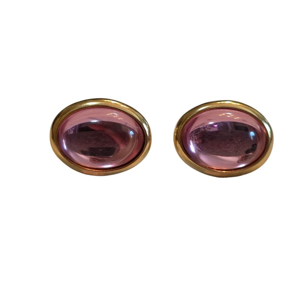 Trifari Oval‎ Pink Glass & Gold Tone Earring